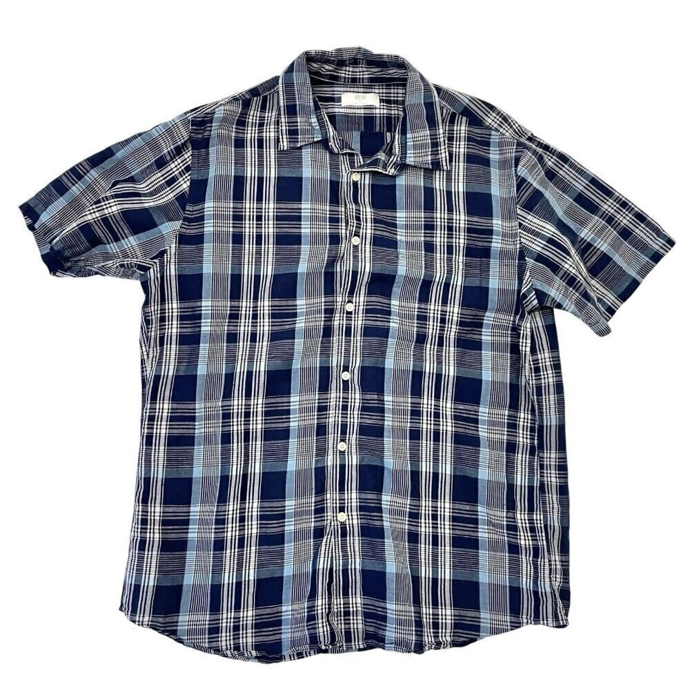 Uniqlo Linen Blend Plaid Short Sleeve Shirt Breathable Preppy Blue Men's size XL